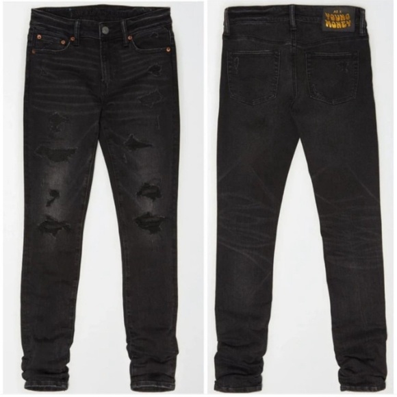 American Eagle AE X Young Money Collab Black Distressed Jeans Men’s 32x32 A2 - Picture 1 of 6